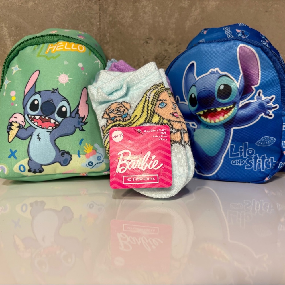 NWOT Lilo & Stitch Mini Slingback Backpack Set plus NWT Set of 6 Barbie Socks